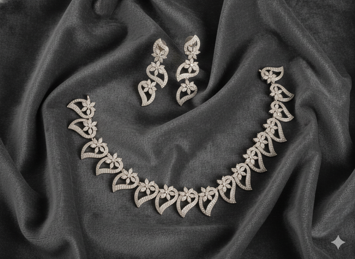 Rhodium Plated Leaf Delicate Floral Vine Jewelry Set