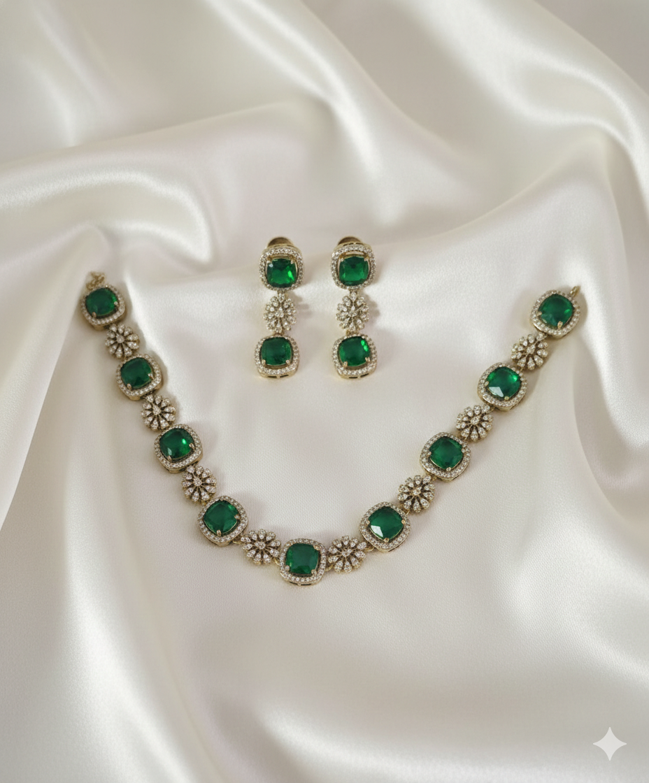 American Diamond Necklace with Drops Matching Earring For Woman