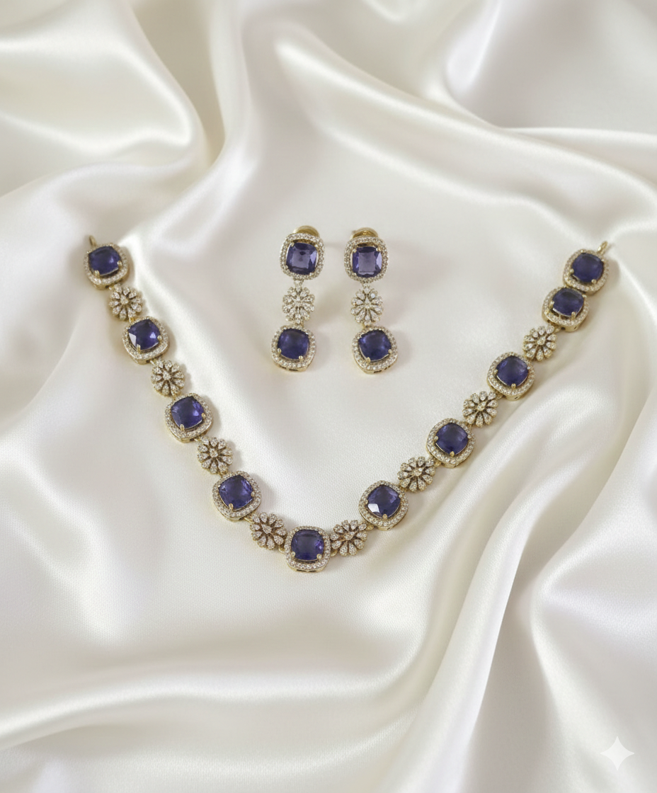 American Diamond Necklace with Drops Matching Earring For Woman