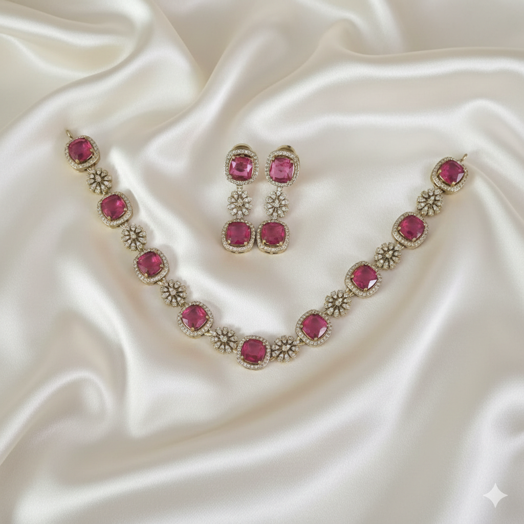 American Diamond Necklace with Drops Matching Earring For Woman