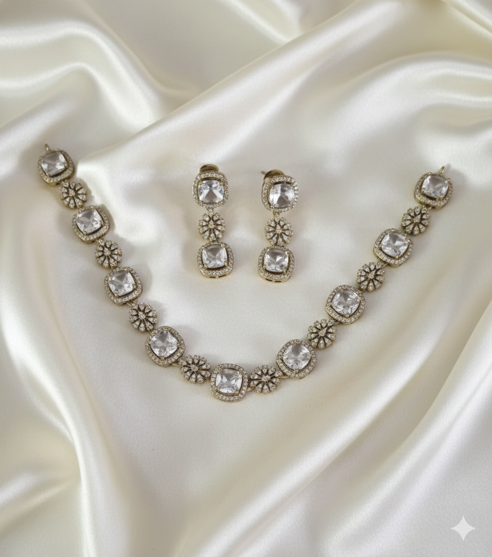 American Diamond Necklace with Drops Matching Earring For Woman