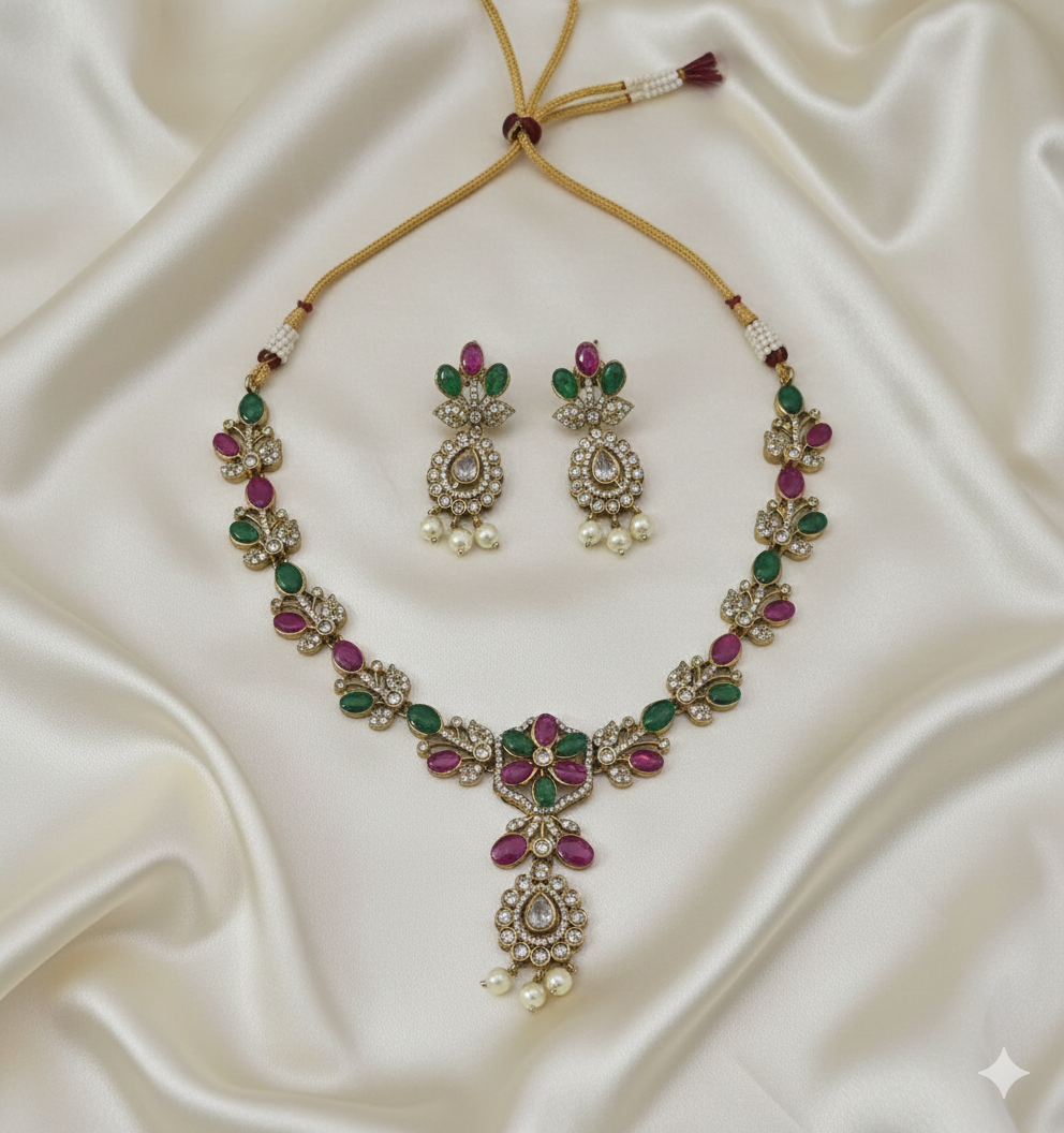 AD Diamond Emerald Necklace With Drops Matching Earring