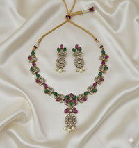 AD Diamond Emerald Necklace With Drops Matching Earring