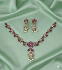 AD Diamond Emerald Necklace With Drops Matching Earring