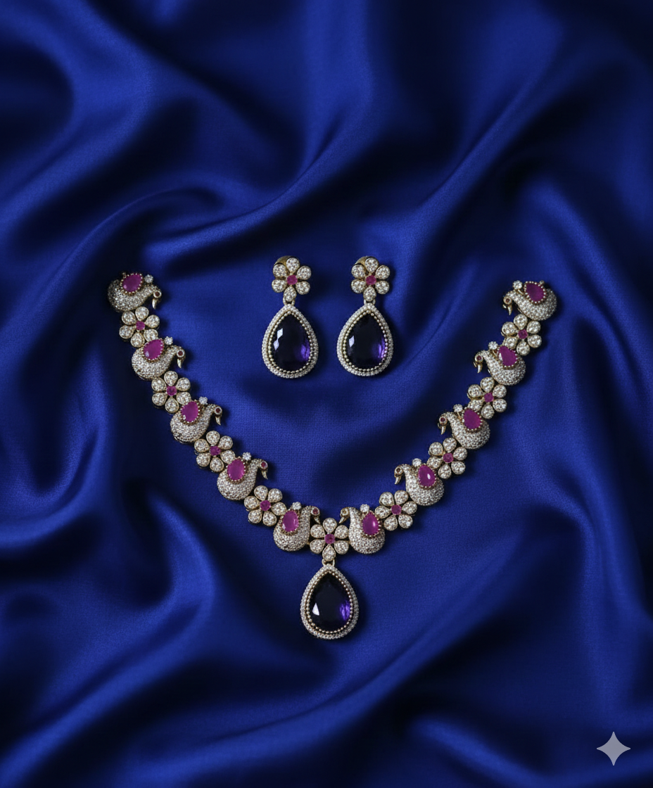 Peacock AD Jewellery Set With Necklace and Earrings For Woman & Girls
