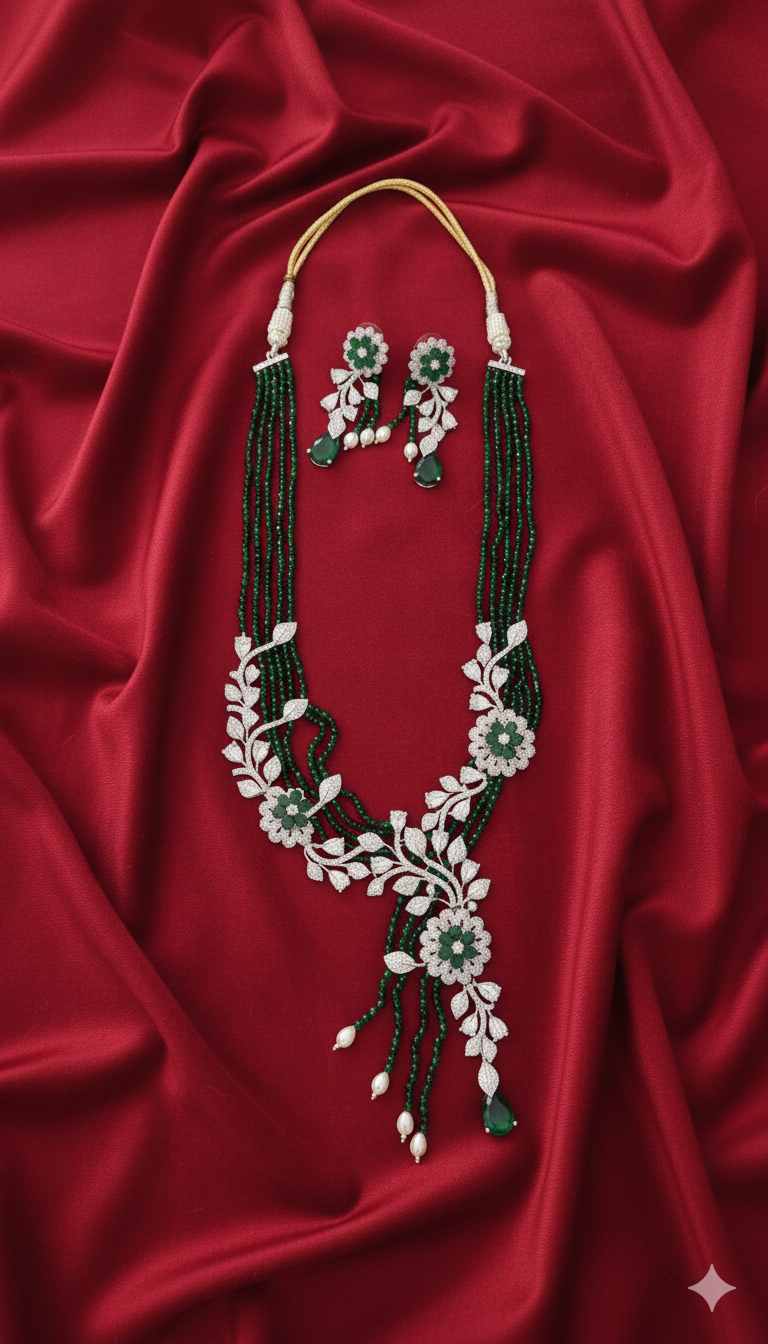 Regal Green Beaded & Floral AD Long Necklace Set With Pearls