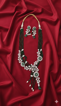 Regal Green Beaded & Floral AD Long Necklace Set With Pearls