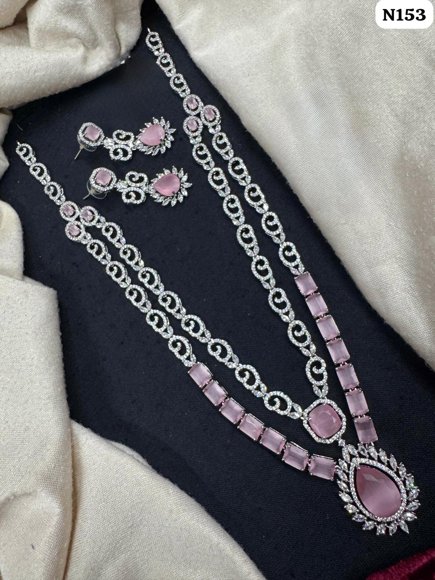 Baby Pink American Diamond Long Layered Necklace Set