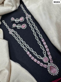 Baby Pink American Diamond Long Layered Necklace Set