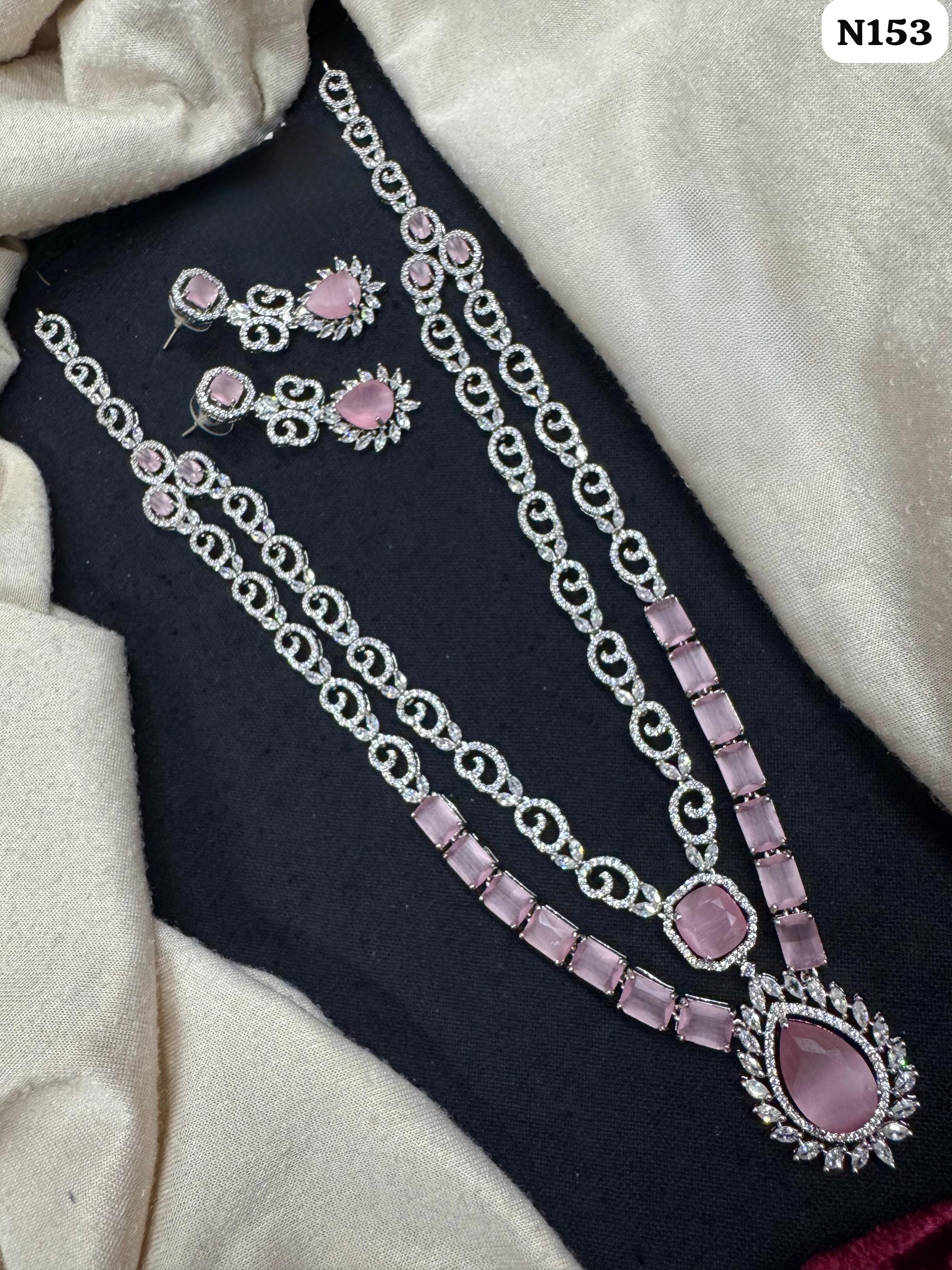 Baby Pink American Diamond Long Layered Necklace Set