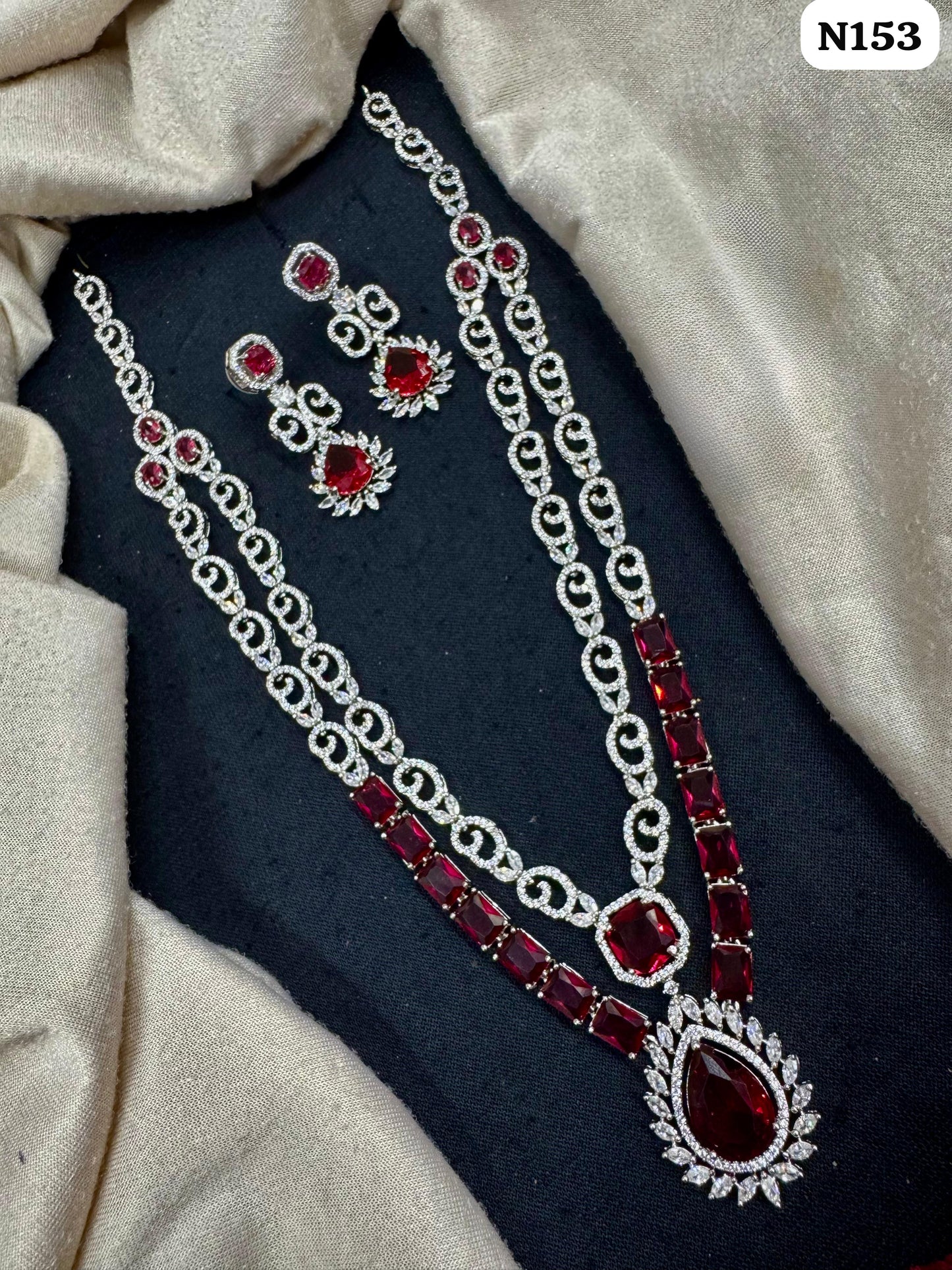 Baby Pink American Diamond Long Layered Necklace Set