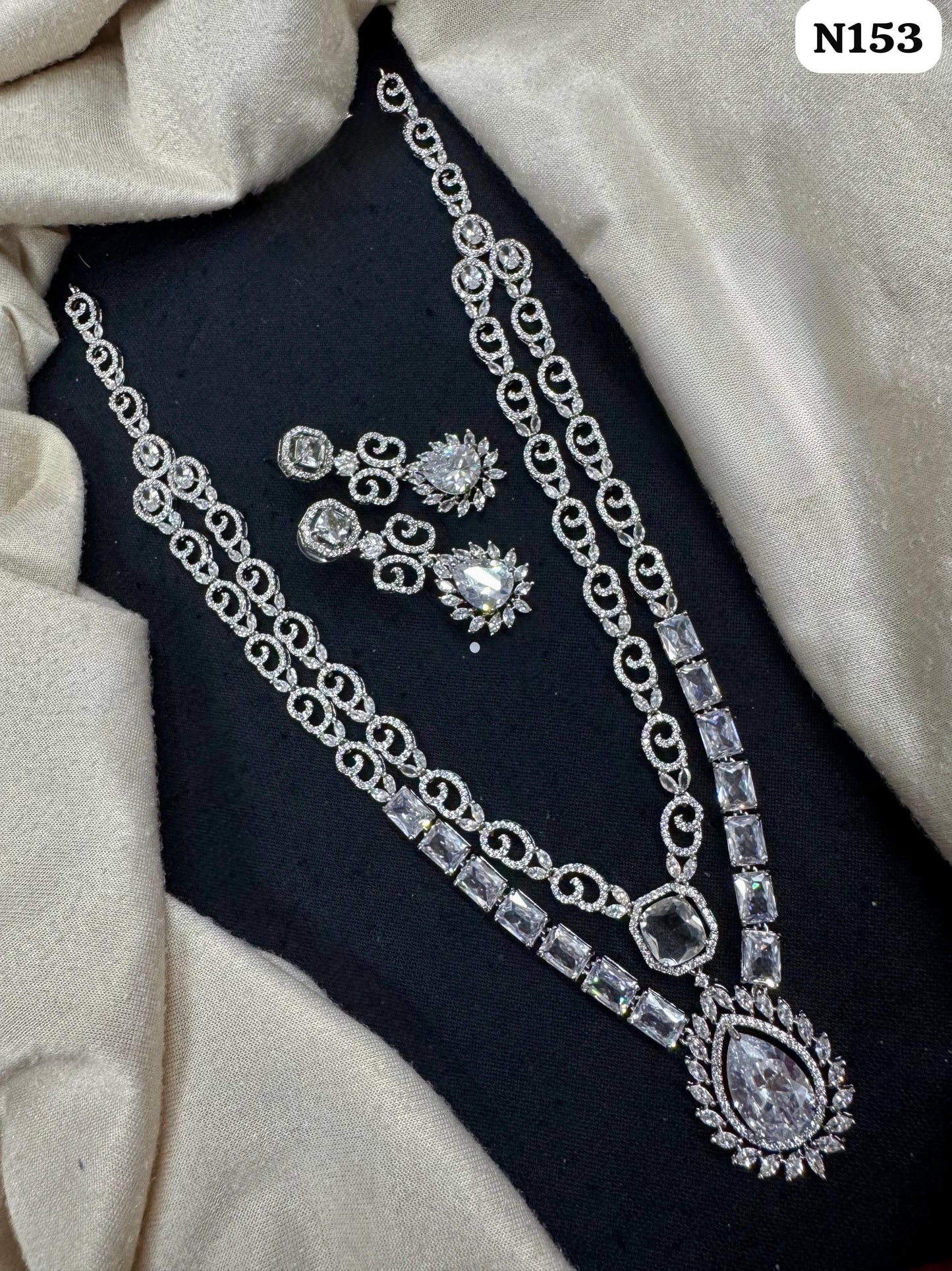 Baby Pink American Diamond Long Layered Necklace Set