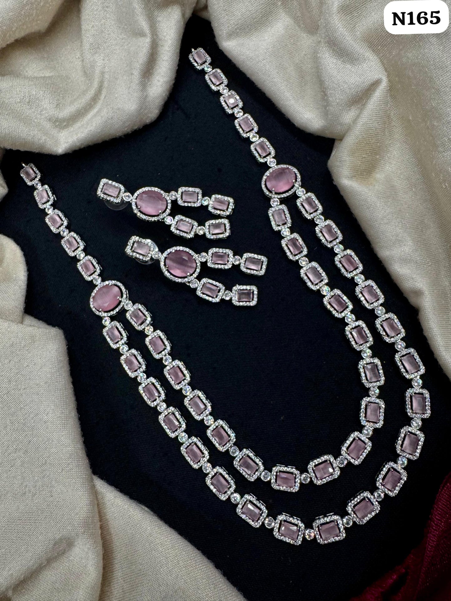 Emerald Green American Diamond Long Layered Necklace Set