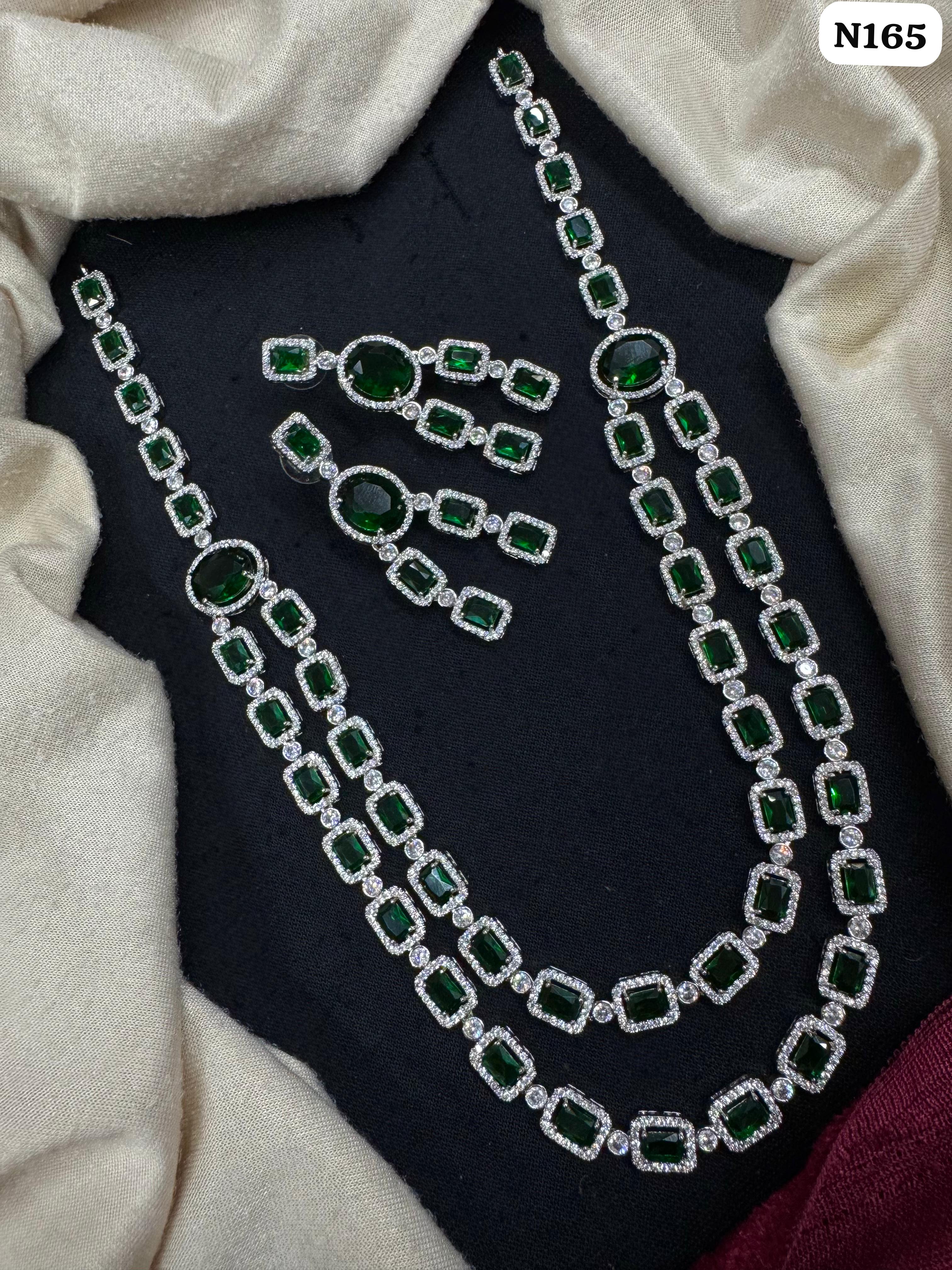 Emerald Green American Diamond Long Layered Necklace Set