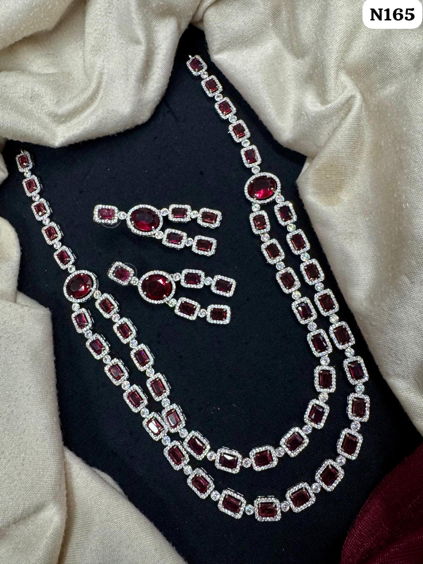 Emerald Green American Diamond Long Layered Necklace Set