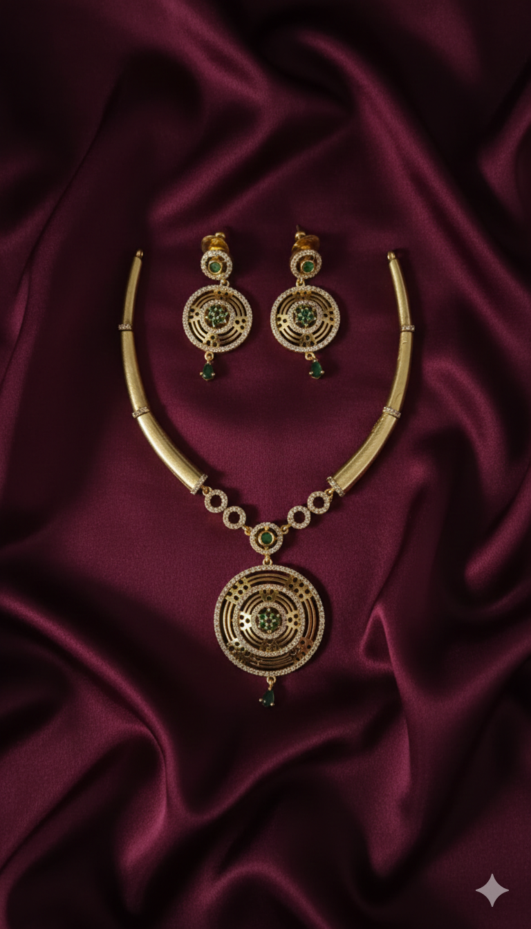 Emerald American Diamond Gold Plated Jewelry Set Necklace and Earring