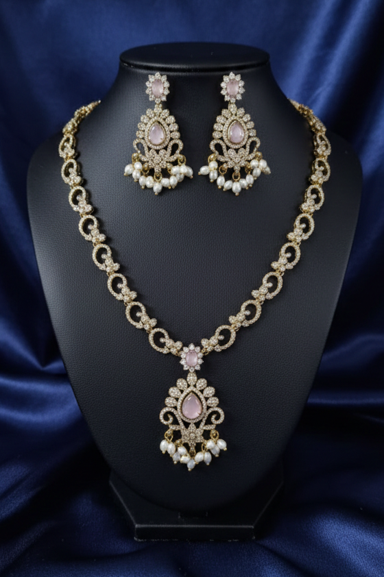 AD Diamond Jewellery set Pearl Droplets Necklace & Earrrings For Woman