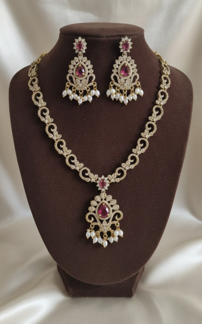 AD Diamond Jewellery set Pearl Droplets Necklace & Earrrings For Woman