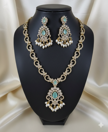 AD Diamond Jewellery set Pearl Droplets Necklace & Earrrings For Woman