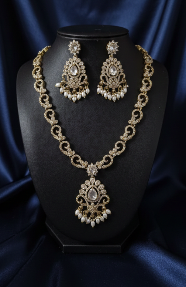 AD Diamond Jewellery set Pearl Droplets Necklace & Earrrings For Woman