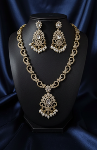 AD Diamond Jewellery set Pearl Droplets Necklace & Earrrings For Woman