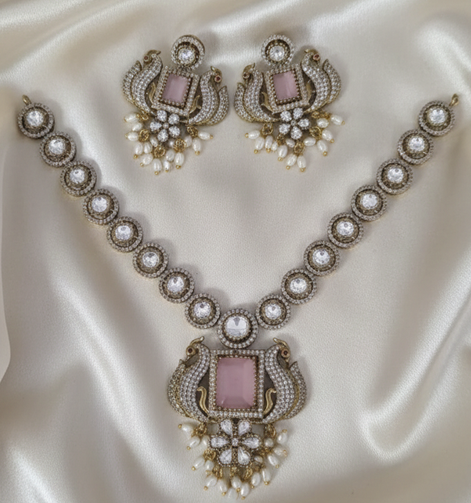 Peacock AD Diamond Jewelry Set With Drops Necklace & Earrings For Woman & Girls
