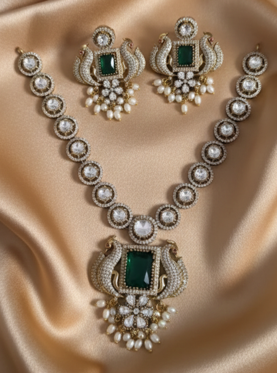 Peacock AD Diamond Jewelry Set With Drops Necklace & Earrings For Woman & Girls