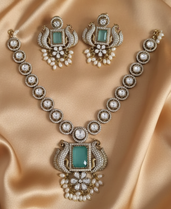 Peacock AD Diamond Jewelry Set With Drops Necklace & Earrings For Woman & Girls