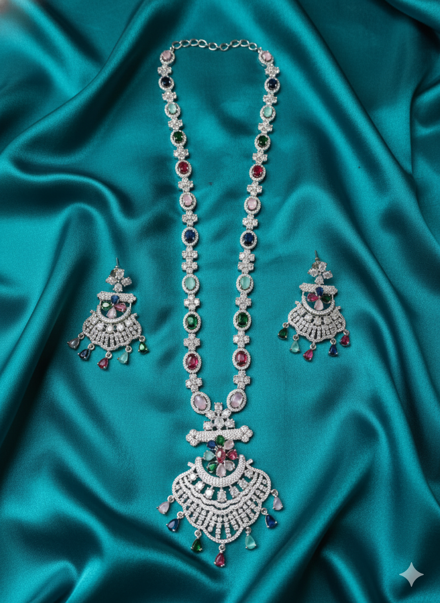 Purple Stone & Silver Plated Long American Diamond Pendant Necklace for Brides