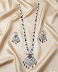 Purple Stone & Silver Plated Long American Diamond Pendant Necklace for Brides