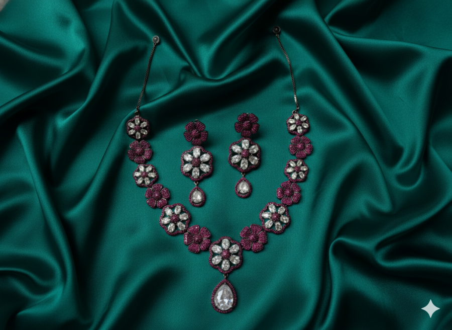 Deep Pink and White American Diamond Flower Jewelry Set for Weddings