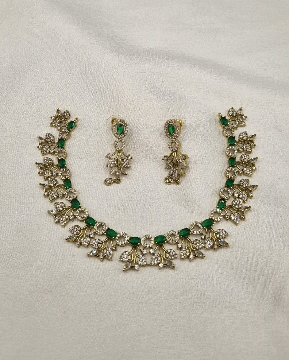 Elegant Green Marquise Stone Floral Choker Set with Matching Drop Earrings