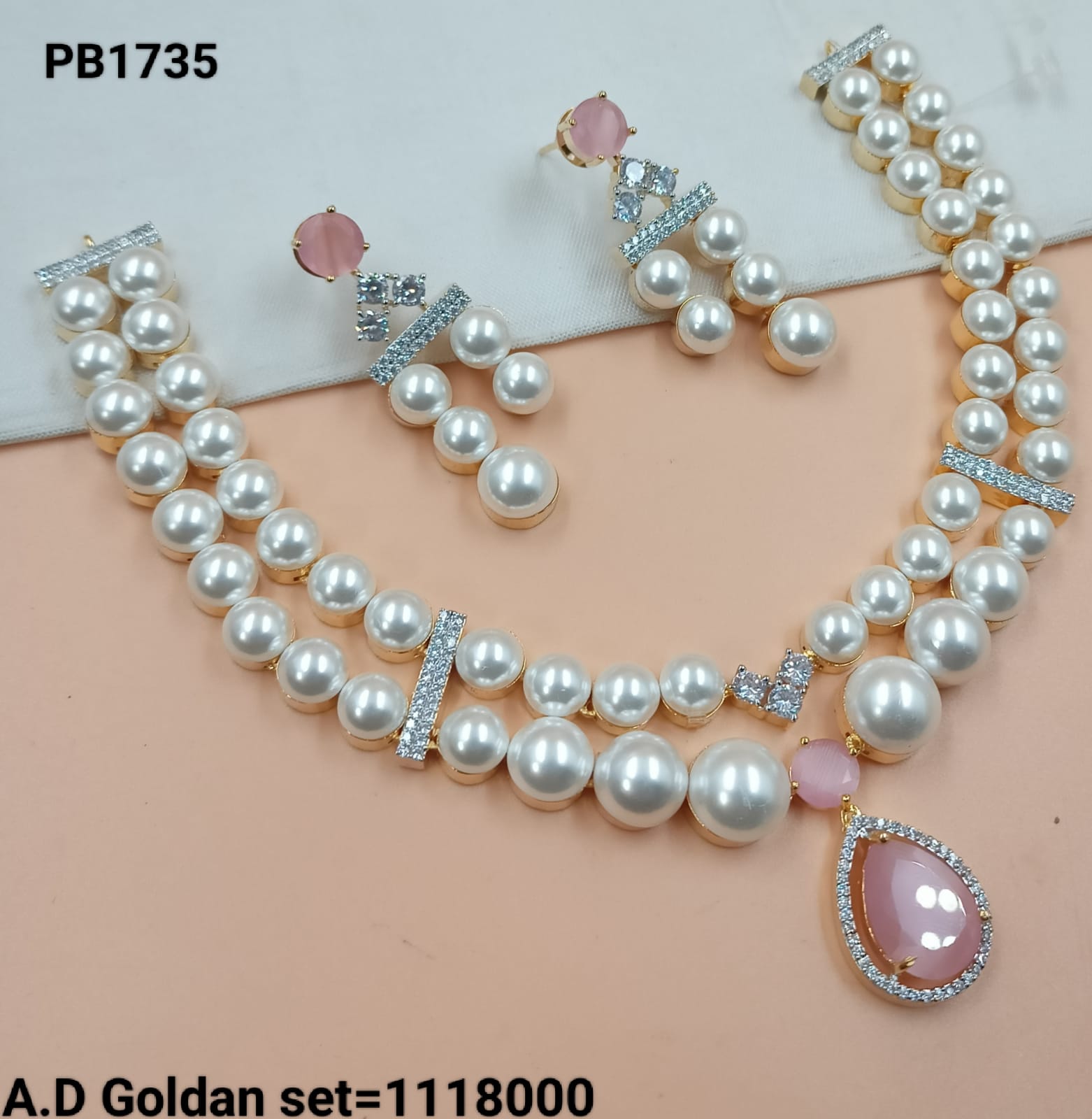 Baby Pink Stone & Double-Layer Pearl Necklace Set with AD Accents
