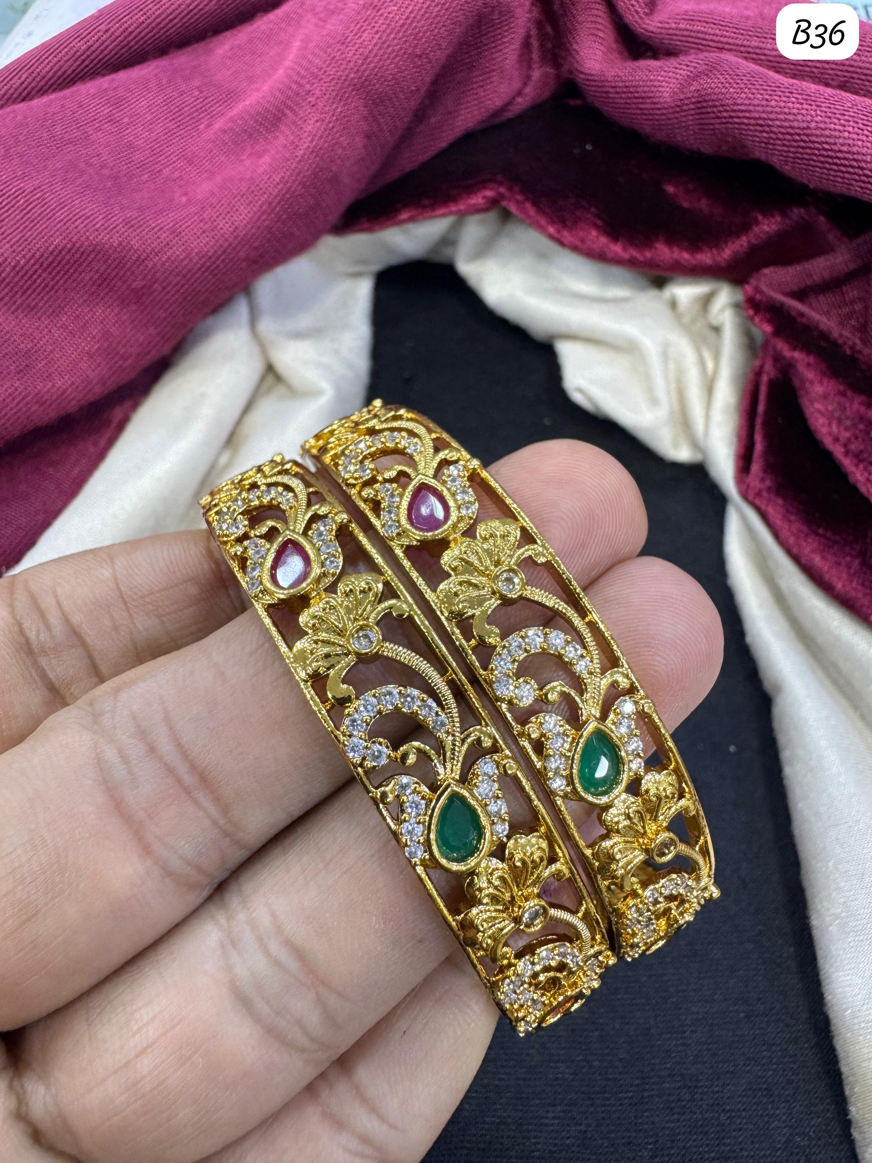 Elegant Gold-Plated Floral Bangles with Green and Pink Gemstone Accents