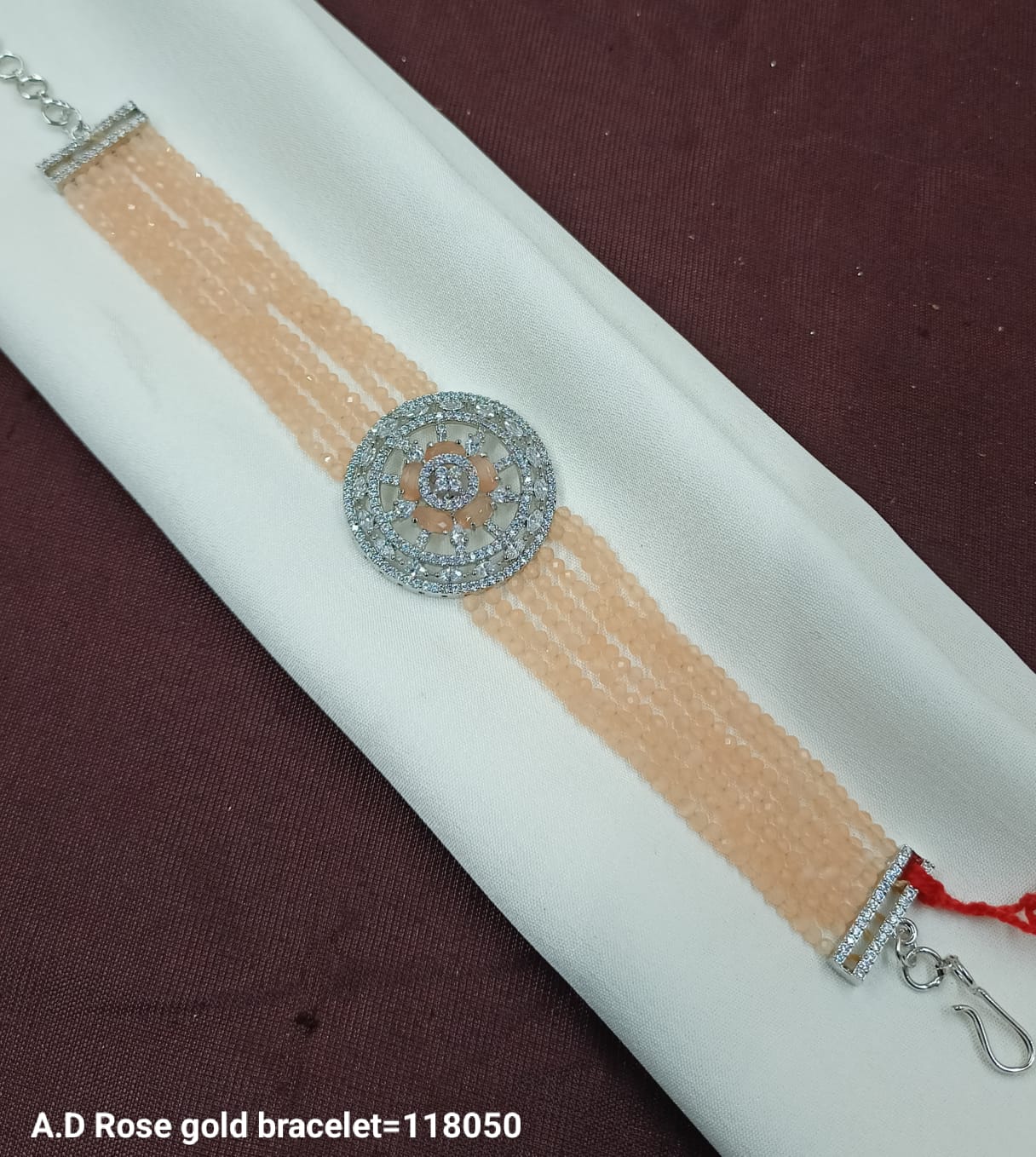Luxury Rose Gold Beaded Bracelet with Diamond-Encrusted Centerpiece