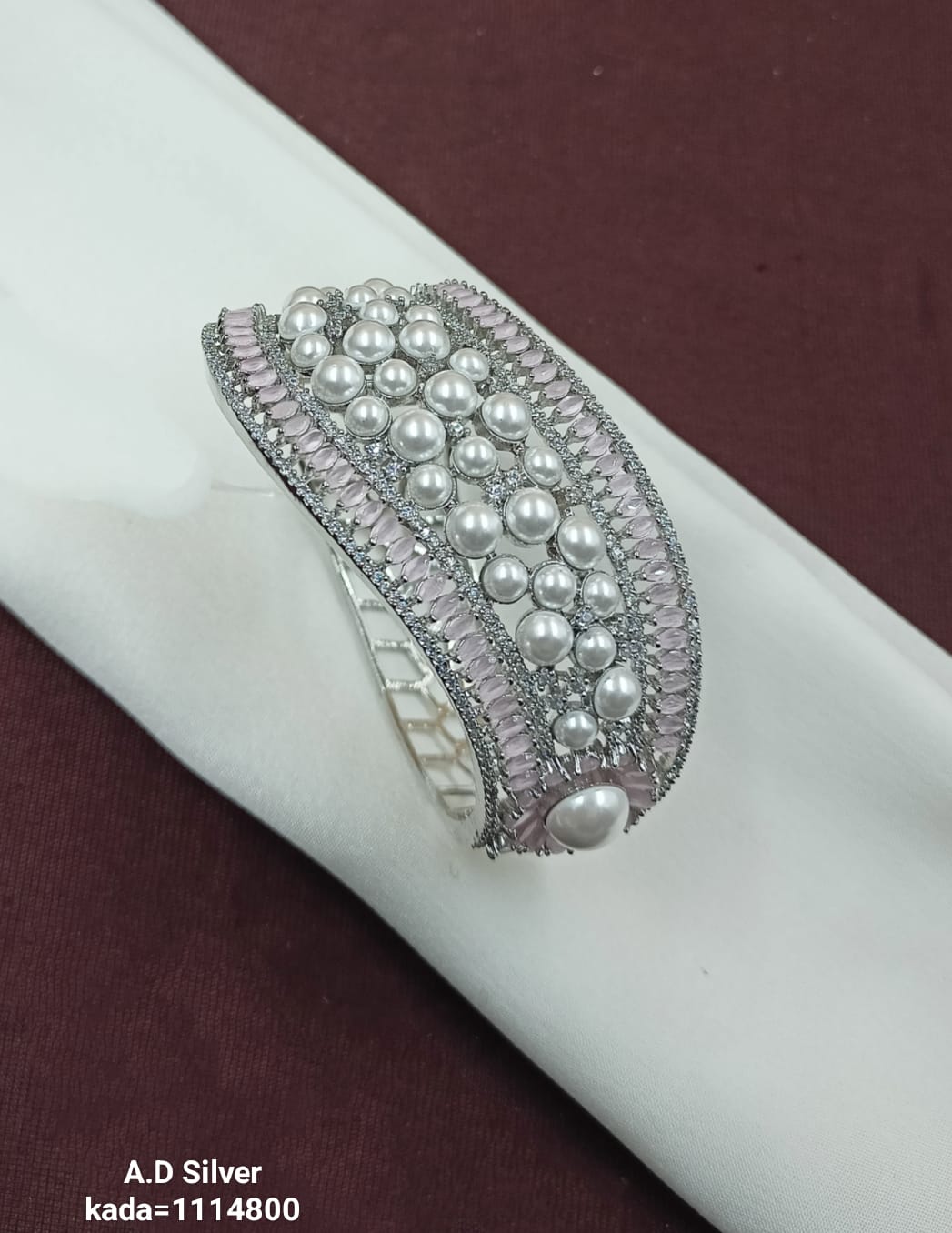 Elegant AD Silver Bracelet with Pearls and Pink Stones