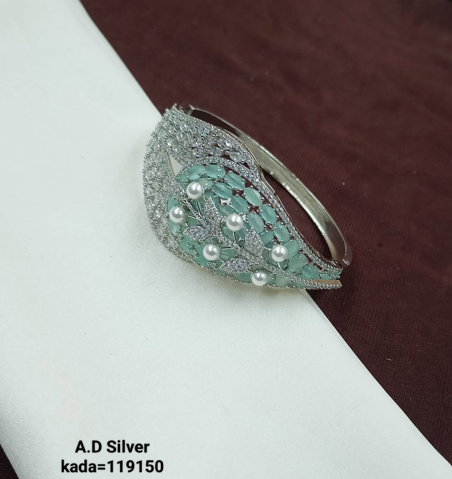 Pastel Green Leaf Design AD Silver Bracelet with Pearls