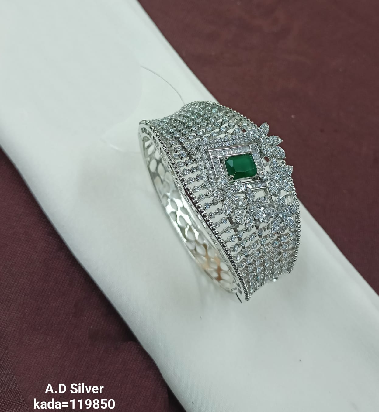 Intricate A.D. Silver Bracelet Featuring Green Stone & Diamond Detailing