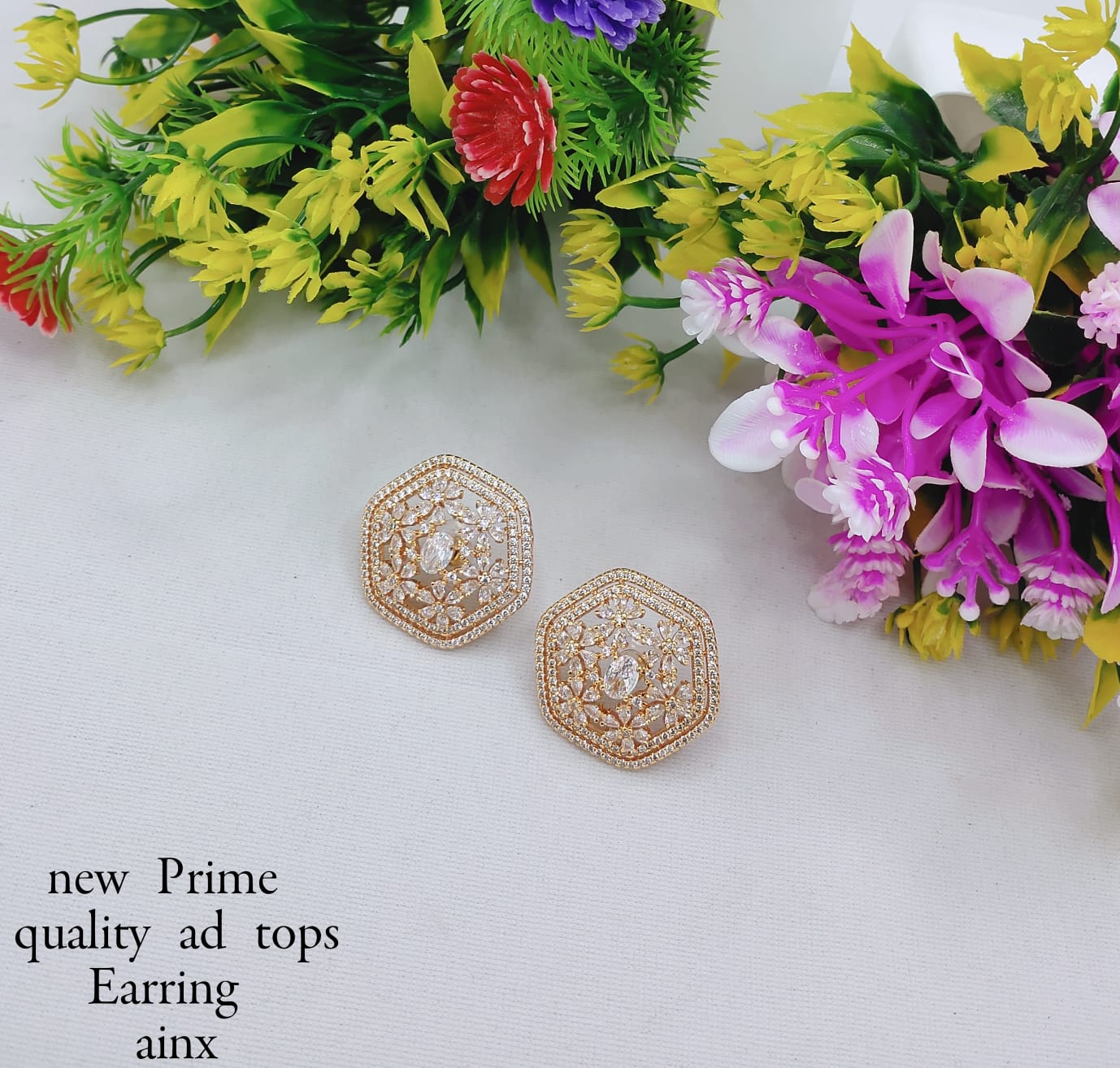 Hexagon Floral American Diamond Stud Earrings