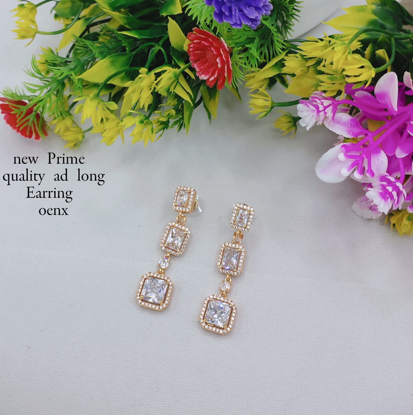 Square Linked American Diamond Long Drop Earrings
