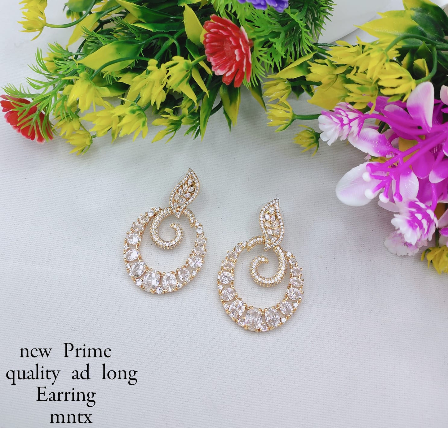 Leaf Top Spiral Hoop American Diamond Earrings
