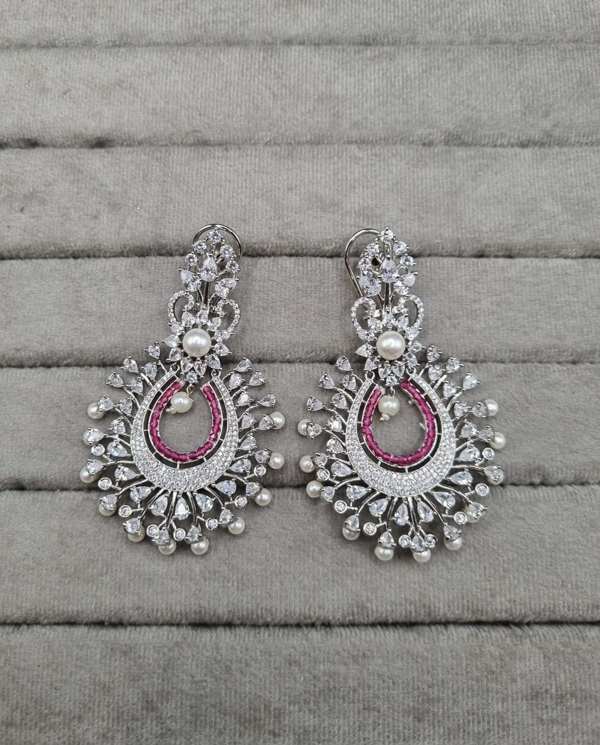 Silver-Tone Pearl Fringed American Diamond Earrings