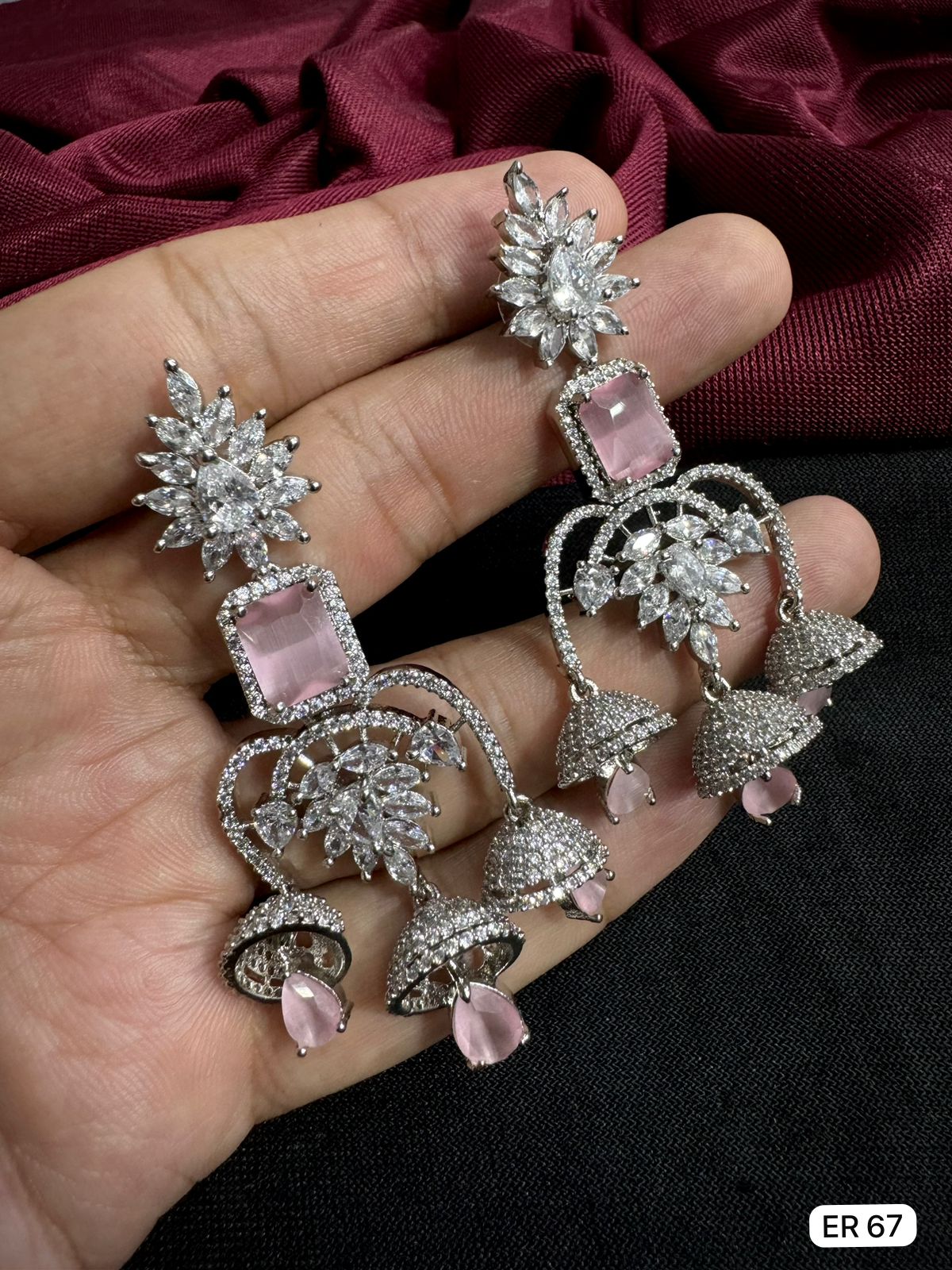 Silver-Plated AD Dangles with Baby Pink Marquise Crystal Blooms