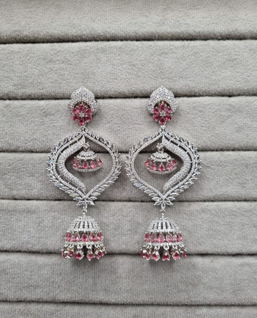 Modern Silver-Plated AD Chandelier Jhumkas