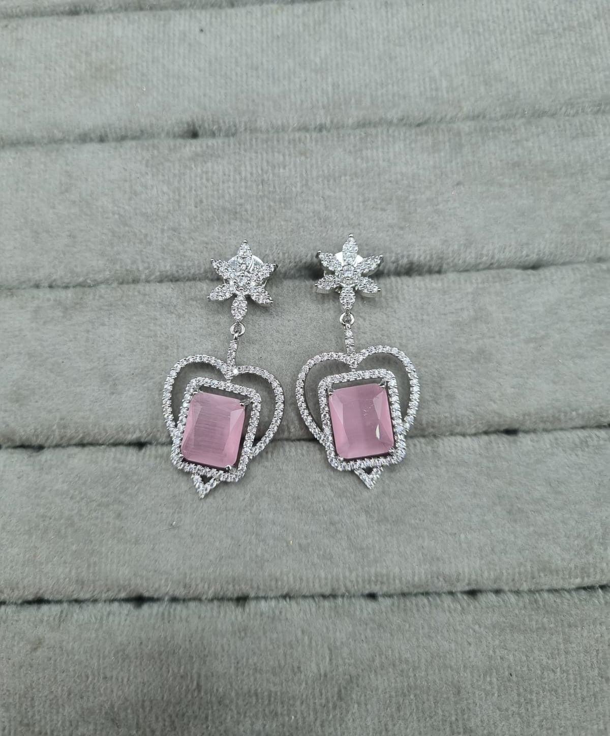 Mint Green & Silver AD Heart Dangle Earrings