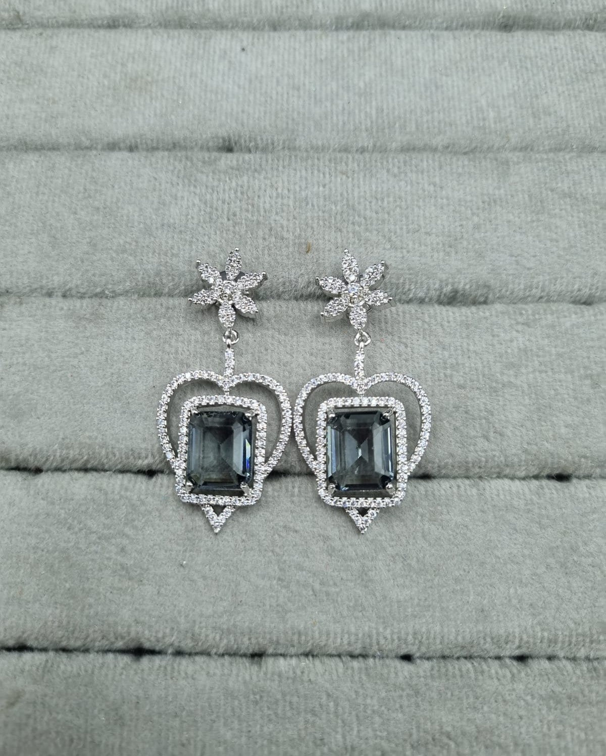 Mint Green & Silver AD Heart Dangle Earrings