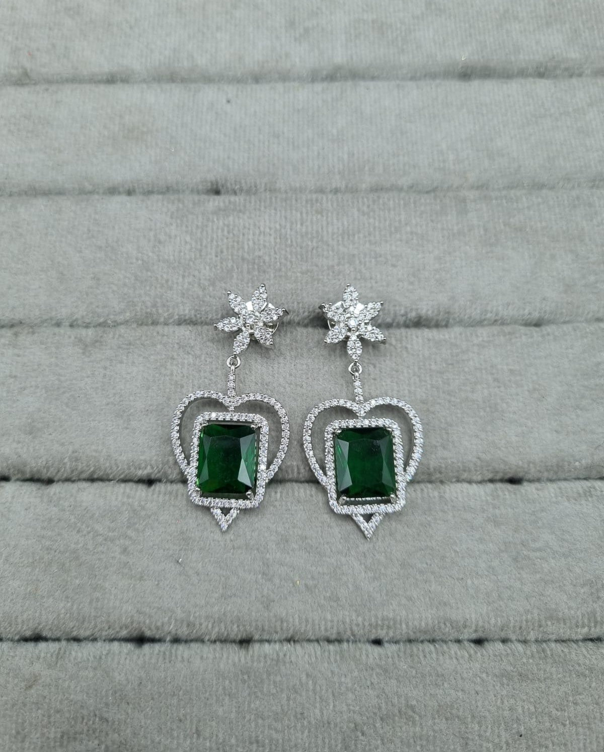 Mint Green & Silver AD Heart Dangle Earrings