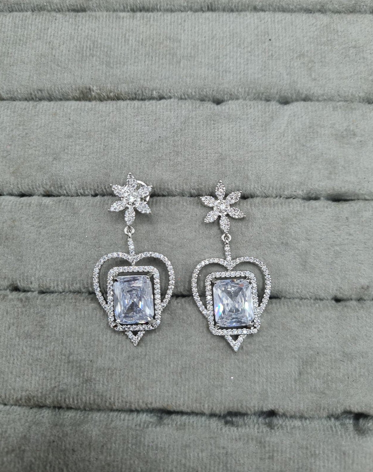 Mint Green & Silver AD Heart Dangle Earrings