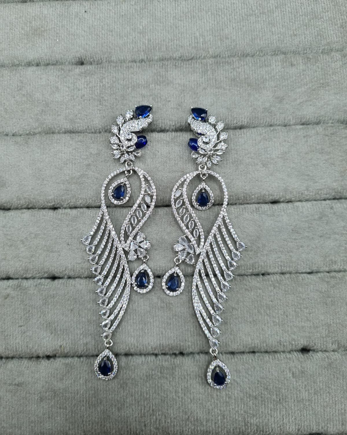 Royal Blue Long Silver-Tone AD Earrings