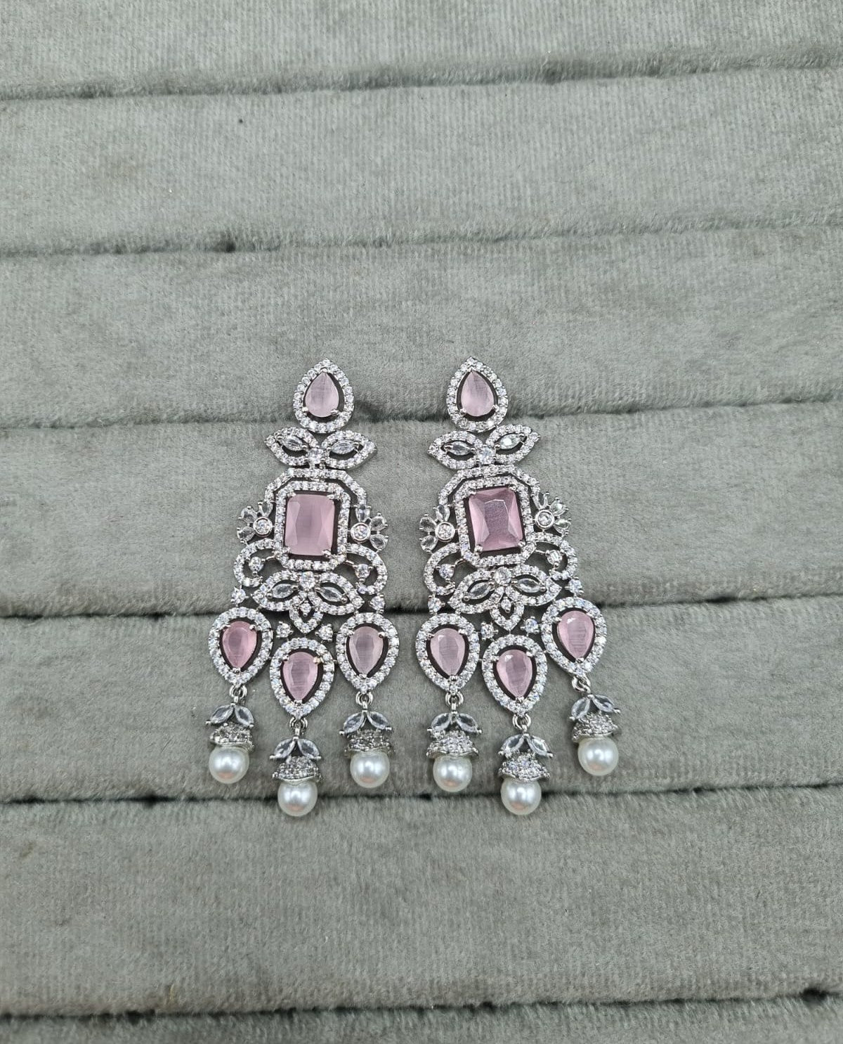 Elegant Pink Stones and Pearl Droplets Earrings